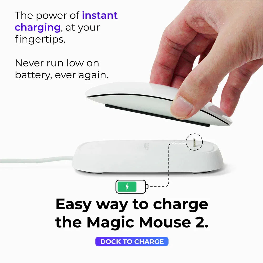 White Magic Mouse 2 placed on Ascrono charging dock with cable visible on white background.