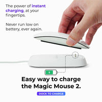 White Magic Mouse 2 placed on Ascrono charging dock with cable visible on white background.