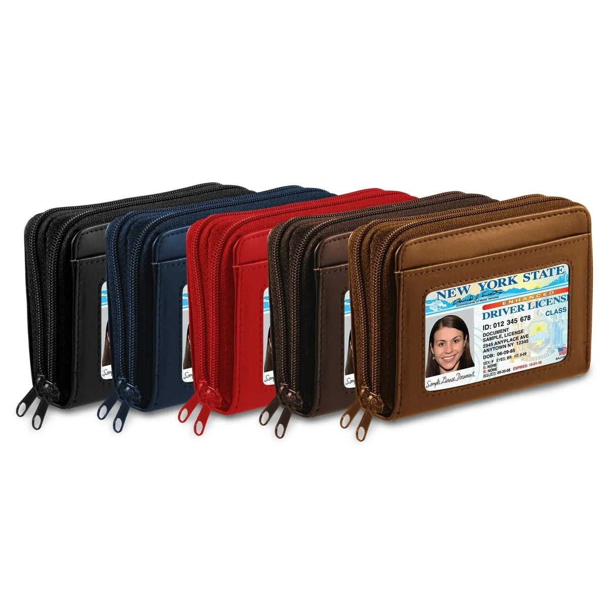 Front view of RFID genuine leather women's credit card wallet with butterfly decoration on white background.