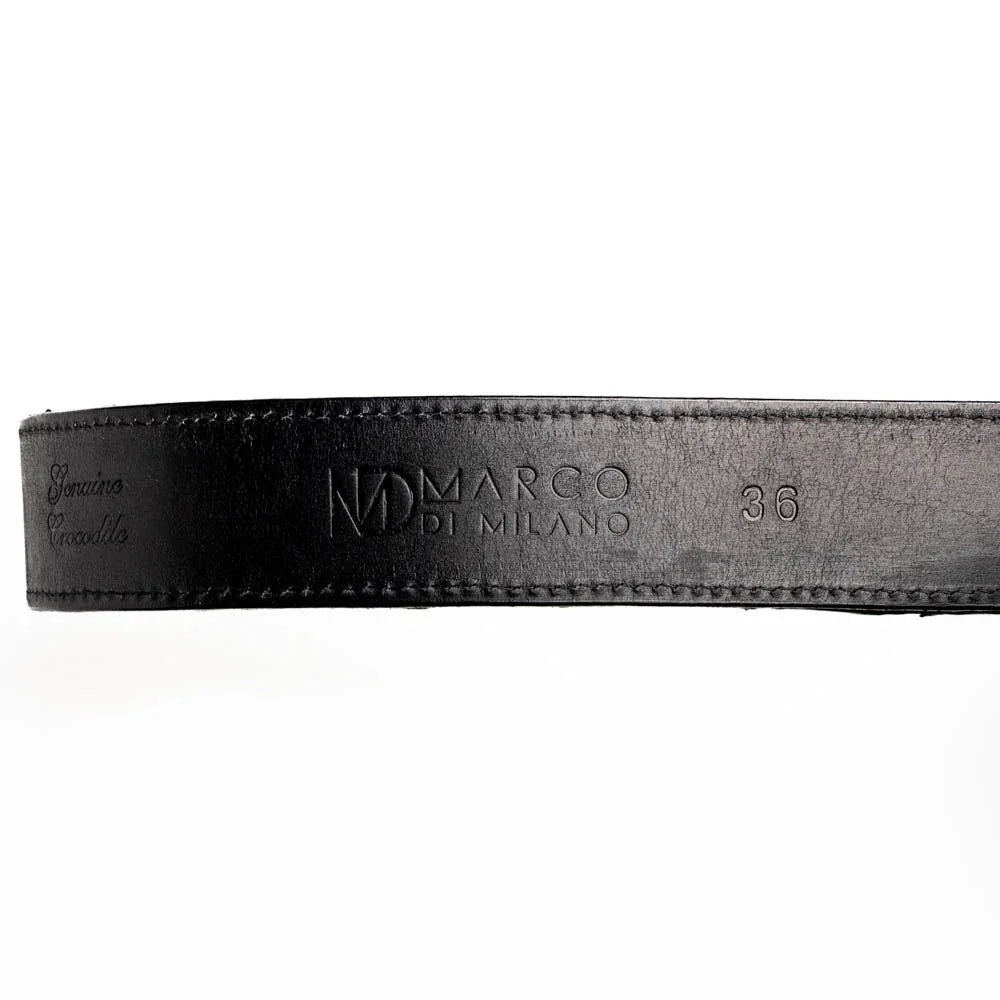 Marlboro belt laid flat displaying full genuine caiman skin exterior and smooth black leather lining.