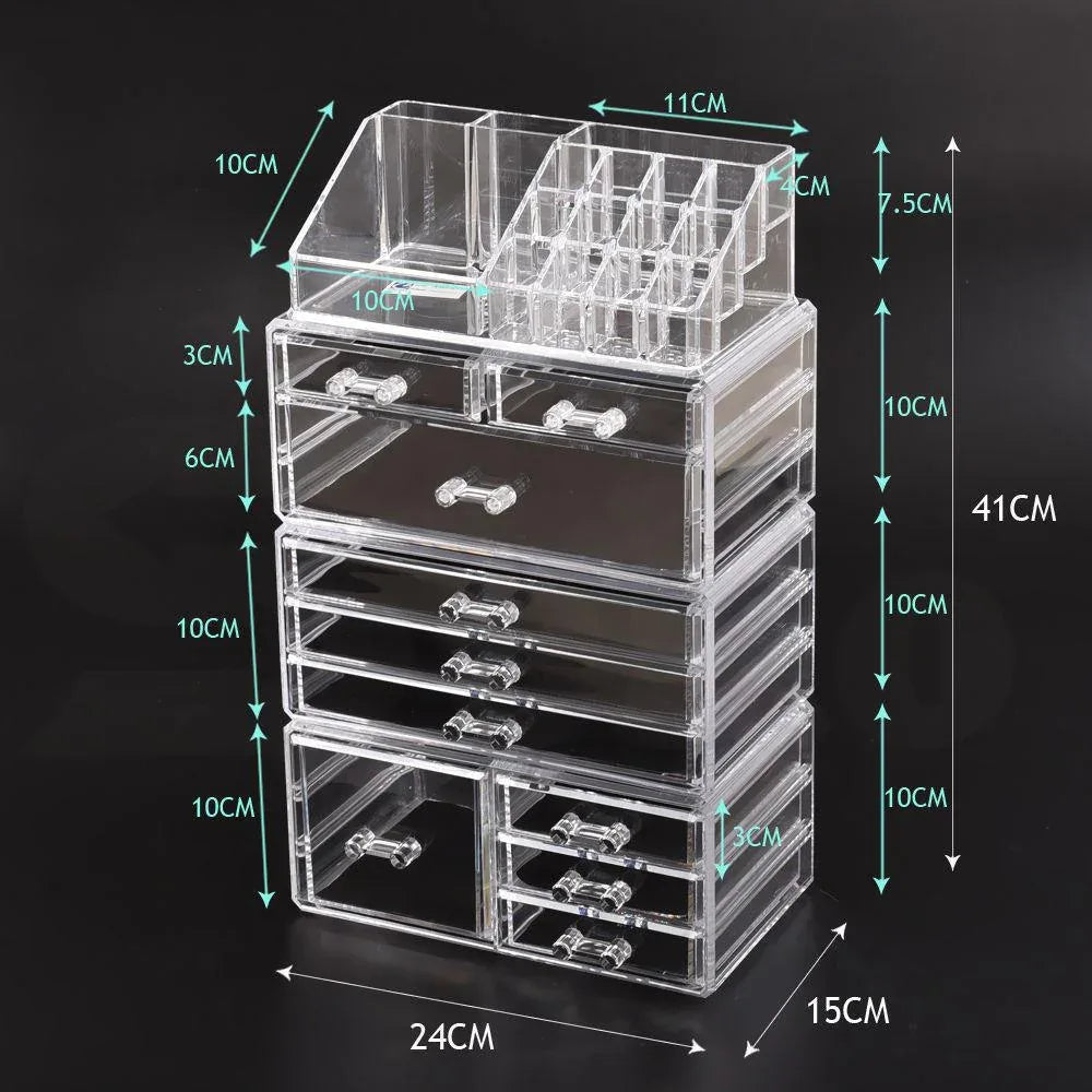 Makeup organizer filled with cosmetics and jewelry on a vanity