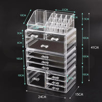 Makeup organizer filled with cosmetics and jewelry on a vanity