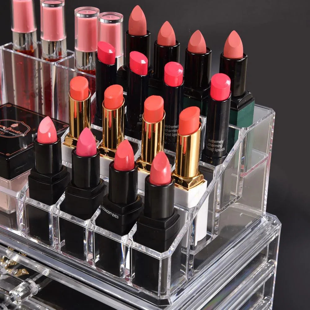 Makeup organizer with assorted lipsticks and nail polish on top