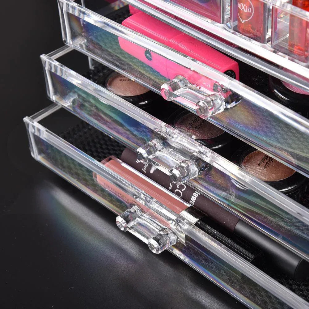 Front view of cosmetic organizer showing multiple transparent drawers