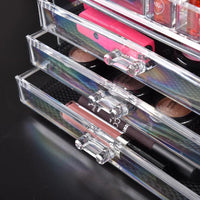 Front view of cosmetic organizer showing multiple transparent drawers