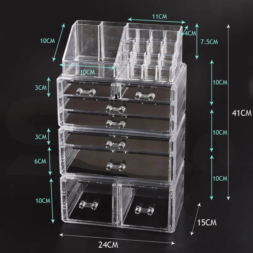 Clear acrylic 7 drawer storage box filled with various cosmetics and jewelry