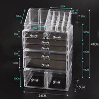 Clear acrylic 7 drawer storage box filled with various cosmetics and jewelry