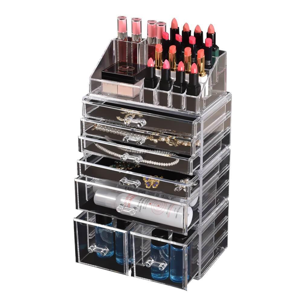 Transparent 7 drawer acrylic makeup organizer box on white background
