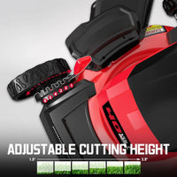 Side view of cordless lawn mower highlighting ergonomic handle and foldable design.