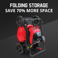 Folded cordless lawn mower stored vertically for compact storage.