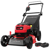 Snagva 40V cordless push lawn mower with 17-inch deck and battery on grass.