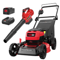 40V 17 inch cordless lawn mower and 40V cordless leaf blower displayed on grass