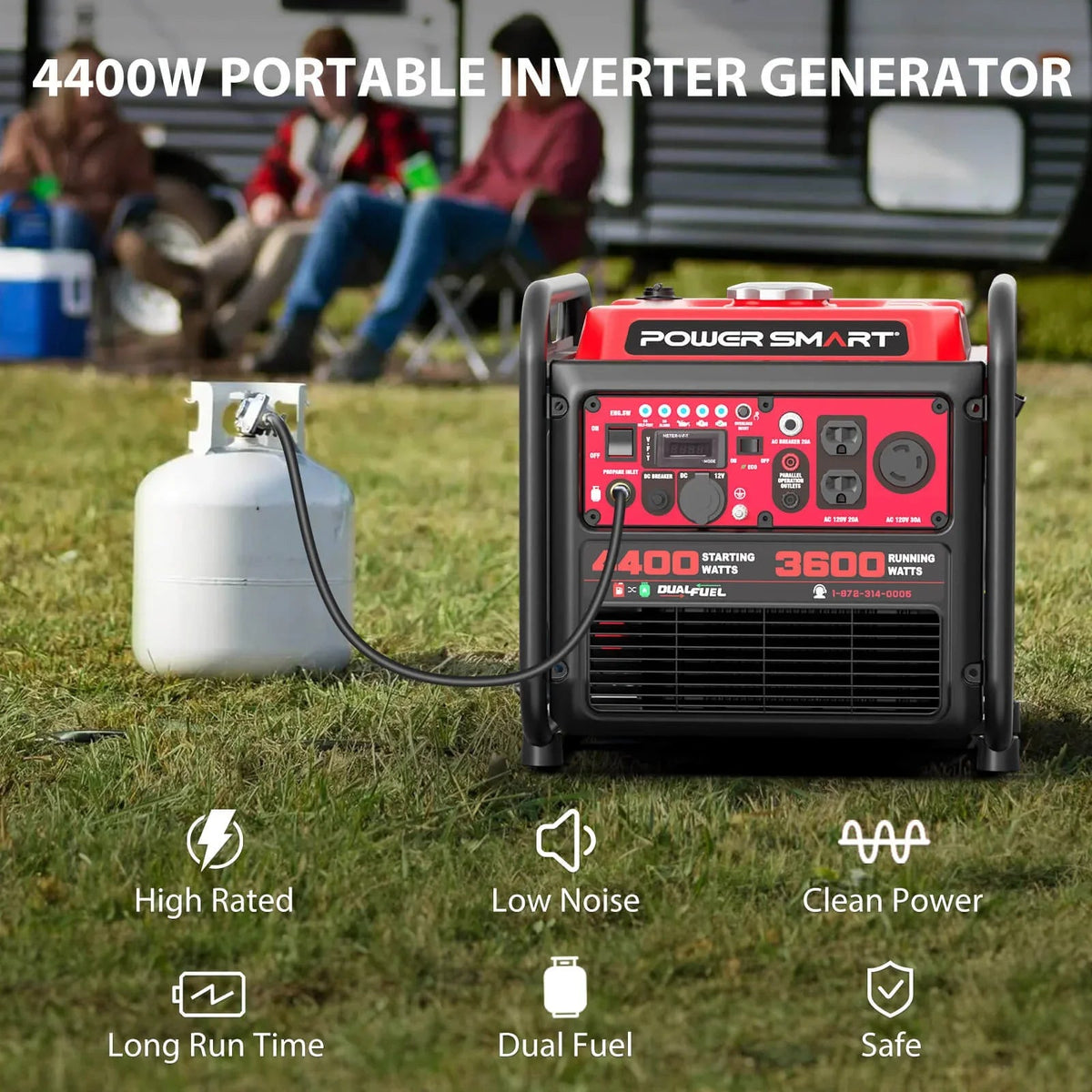 Generator placed outdoors on grass with its compact open frame metal structure visible.