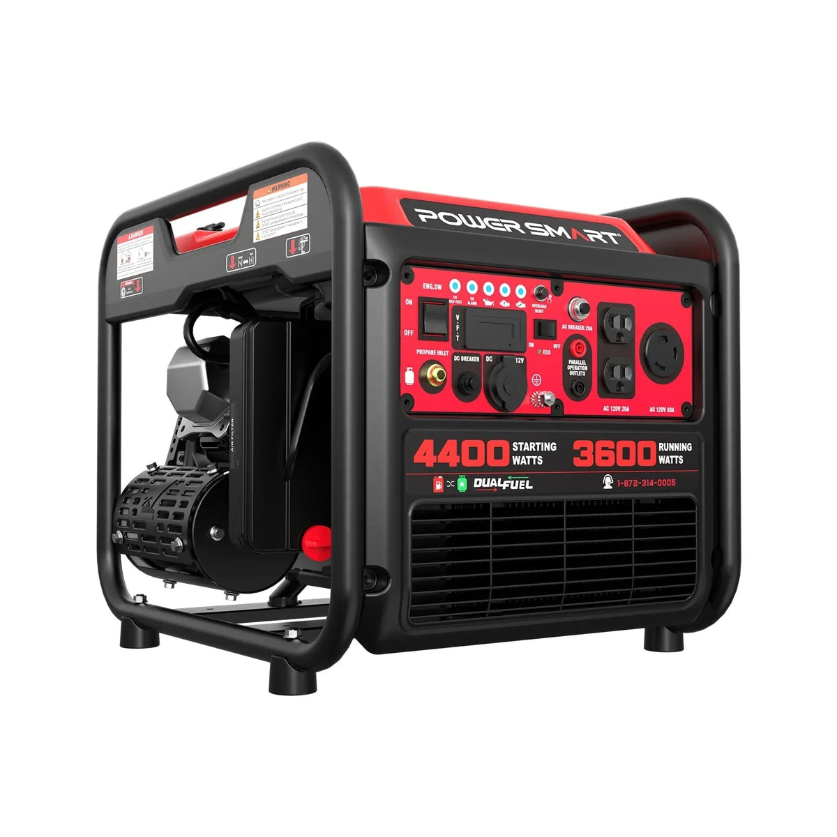 PowerSmart 4400W dual fuel inverter generator in open frame design with recoil and electric start options.