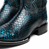 Detailed shot of python skin vamp and full-grain leather shaft on Missouri cowboy boot.