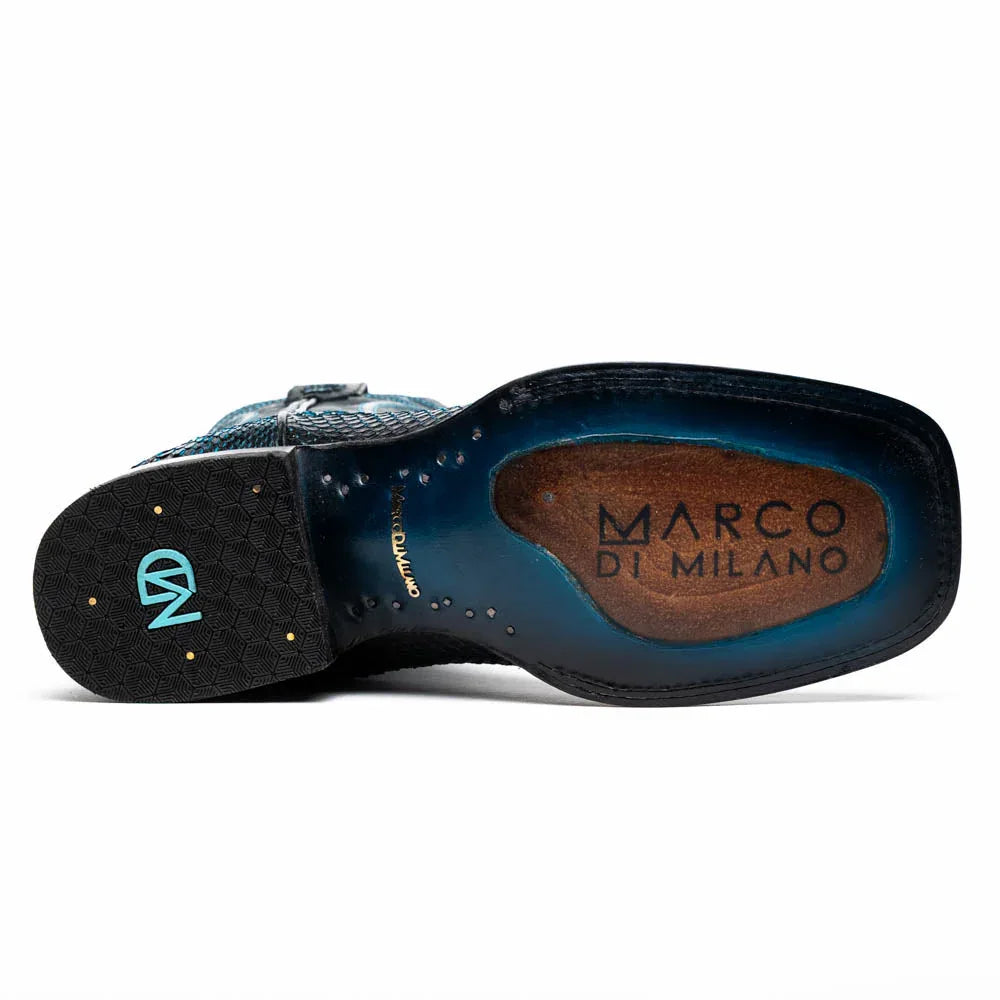Missouri boot angled showing square toe and textured python skin in black and blue.