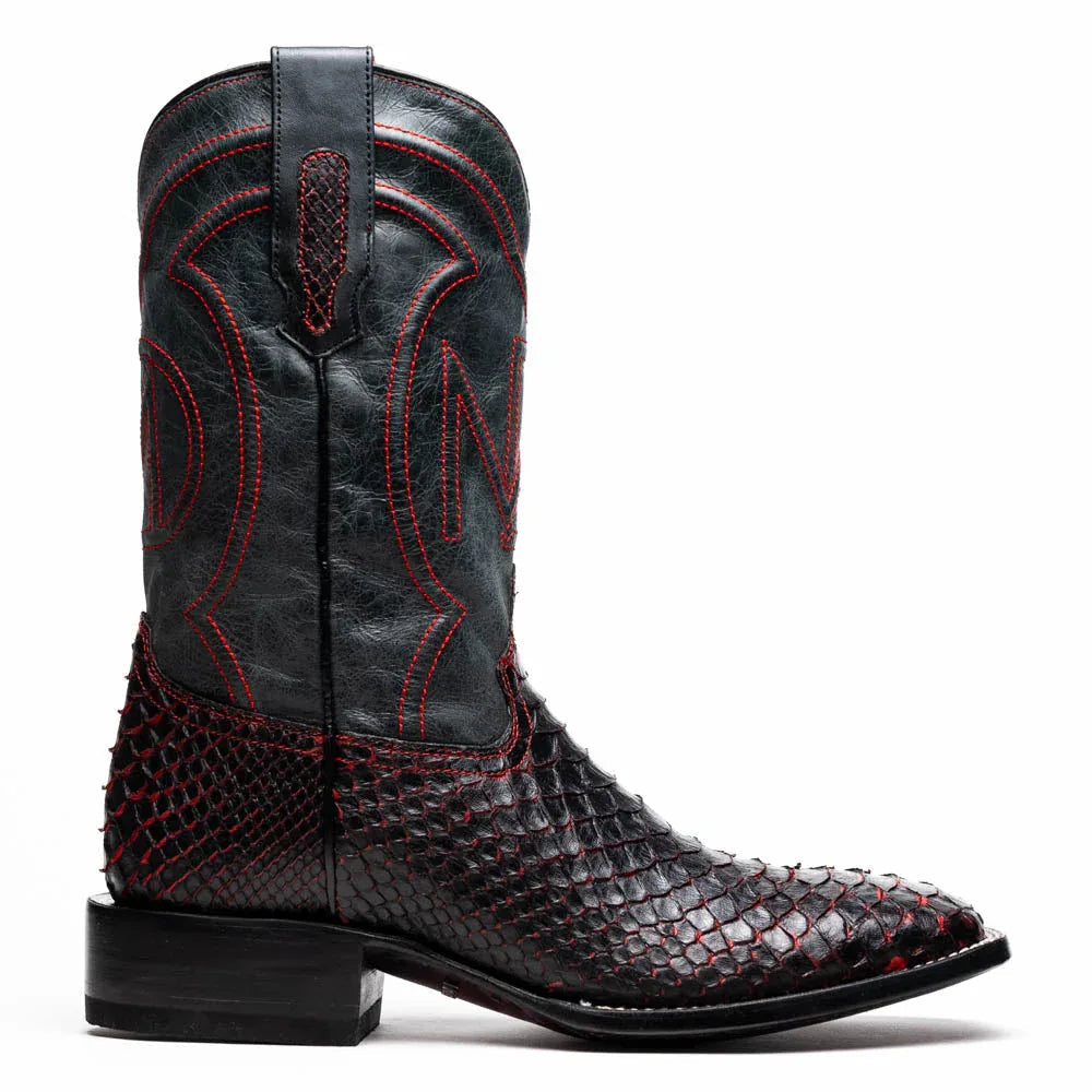 Side view of Missouri BlackCherry python skin cowboy boot highlighting full-grain leather shaft.