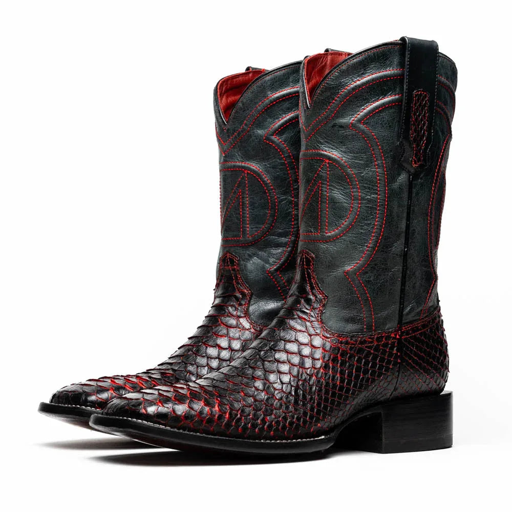 Top-down view of Missouri BlackCherry boot featuring contrasting textures and detailed stitching.