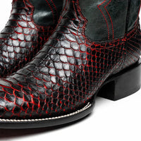 Missouri BlackCherry boot angle emphasizing square toe and rich python skin texture.