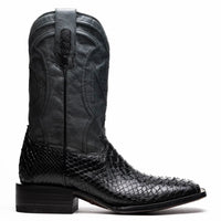 Side profile of Missouri cowboy boot showcasing genuine Python skin vamp and leather shaft.