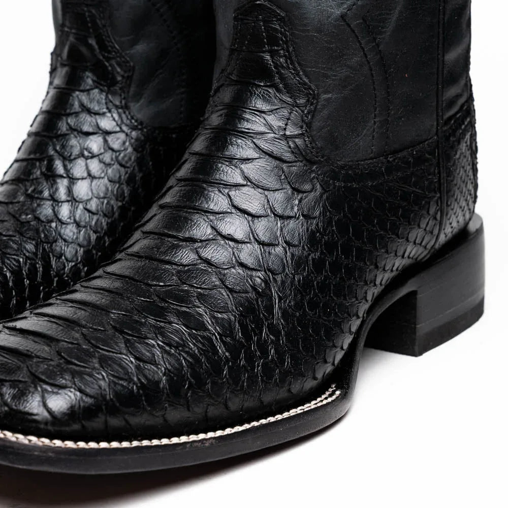 Detail shot of square toe and stitching on Missouri Python skin cowboy boot.