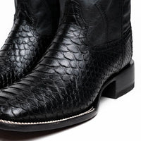 Detail shot of square toe and stitching on Missouri Python skin cowboy boot.