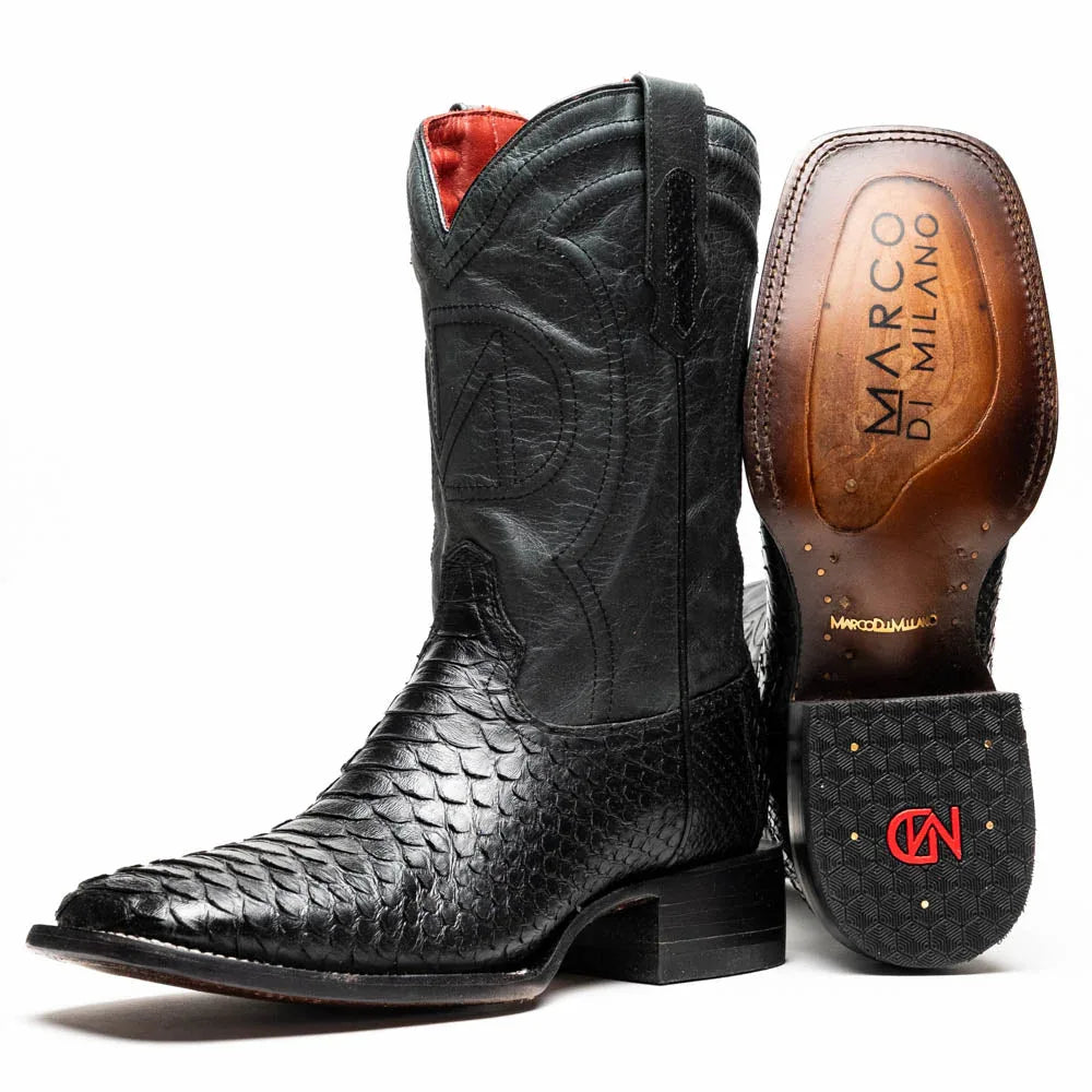 Front view of black Missouri Python skin cowboy boot with square toe and red leather lining.