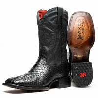 Front view of black Missouri Python skin cowboy boot with square toe and red leather lining.
