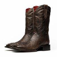 Detail of the Missouri cowboy boot's brown python skin and square toe design.