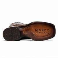 Missouri boot’s red leather lining visible inside the brown python skin and leather cowboy boot.