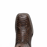 Full view of the Missouri brown python skin cowboy boot highlighting craftsmanship and western style.