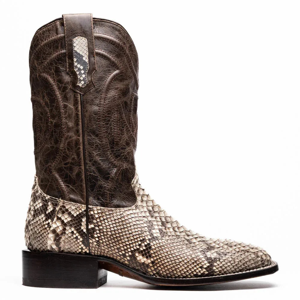 Missouri Natural cowboy boot angled to display full-grain leather shaft and python skin vamp.