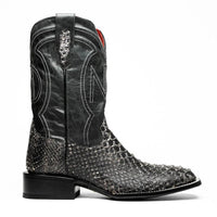Side view of Missouri white python skin cowboy boot showcasing leather shaft and square toe design.