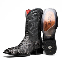 Close-up of white Missouri cowboy boot made from genuine python skin with square toe and detailed texture.