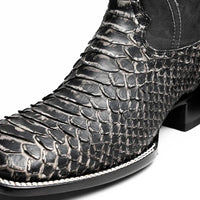 Missouri cowboy boot in stone white displaying python skin vamp and red leather interior lining.