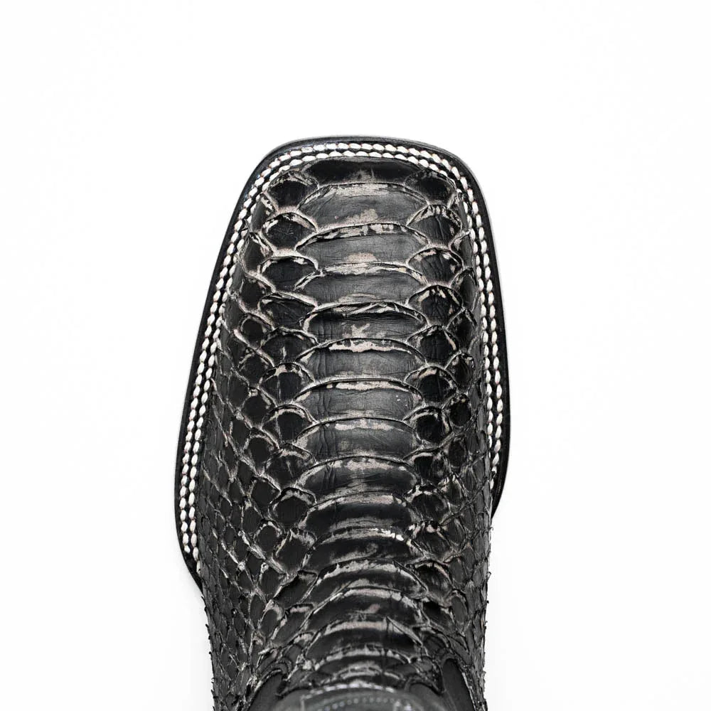 Close side profile of white python skin boot with square toe and full-grain leather shaft.