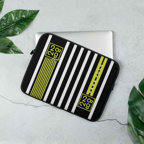 Colorful laptop sleeve with bold multi-stripe pattern, designed for stylish protection and easy carrying.
