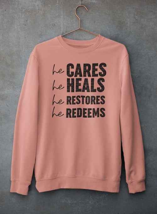 Front view of gray crewneck sweatshirt with bold text design, displayed on hanger.
