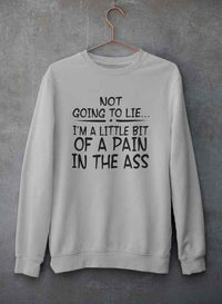 Front view of light gray sweatshirt with large black statement text displayed on hanger against concrete wall.