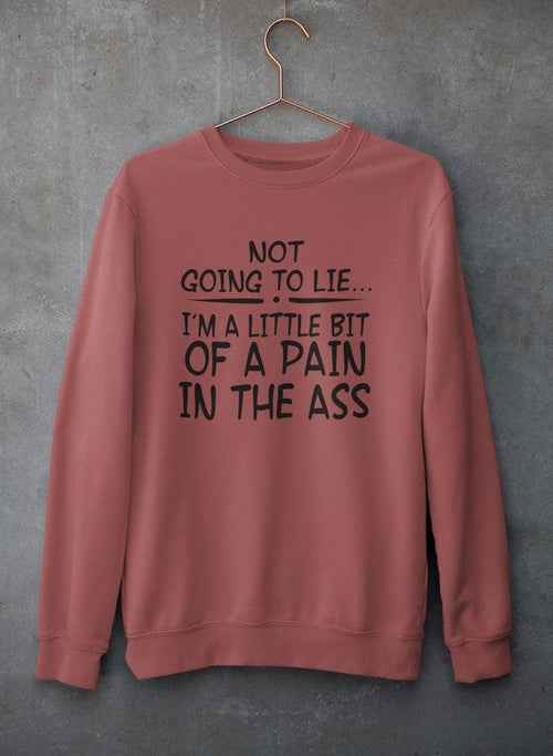 Light gray crewneck sweatshirt with playful text print hanging on hanger in front of textured concrete wall.