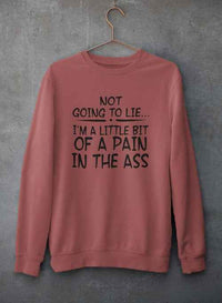 Light gray crewneck sweatshirt with playful text print hanging on hanger in front of textured concrete wall.