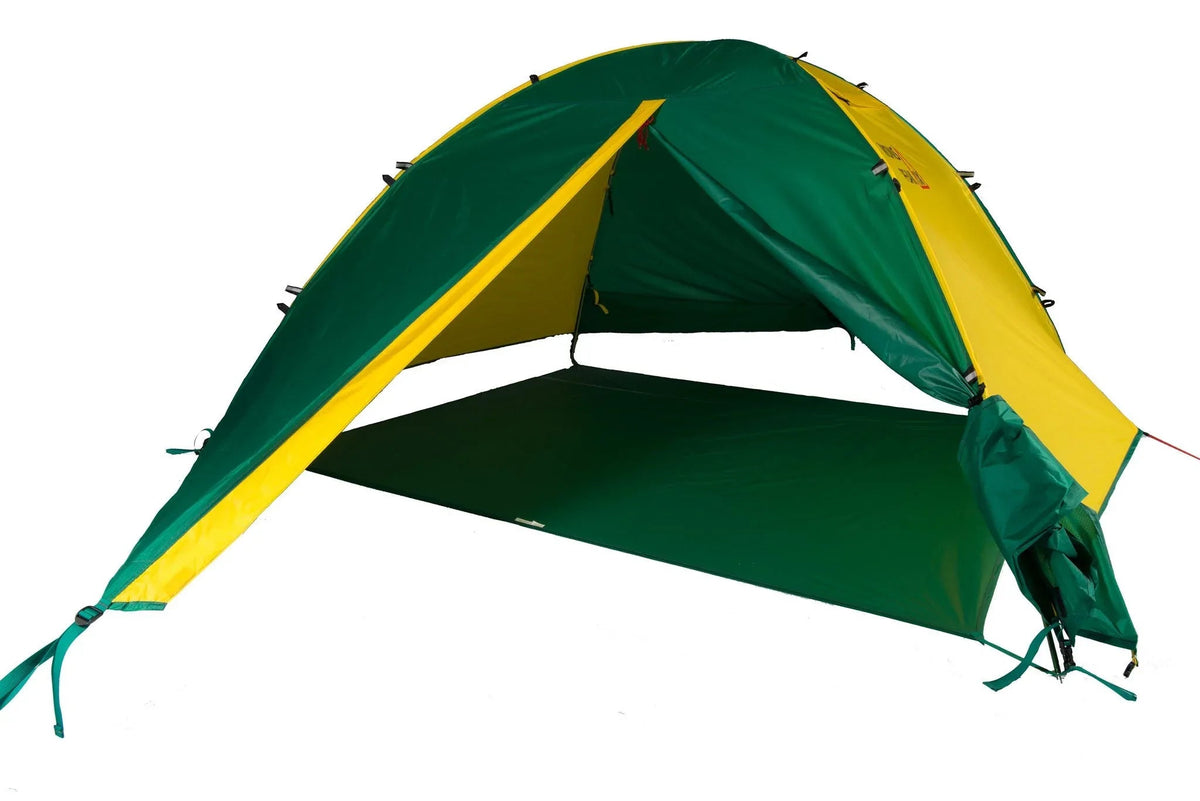 Trail 43 3P camping tent with fly door viewed from side in outdoor setting.