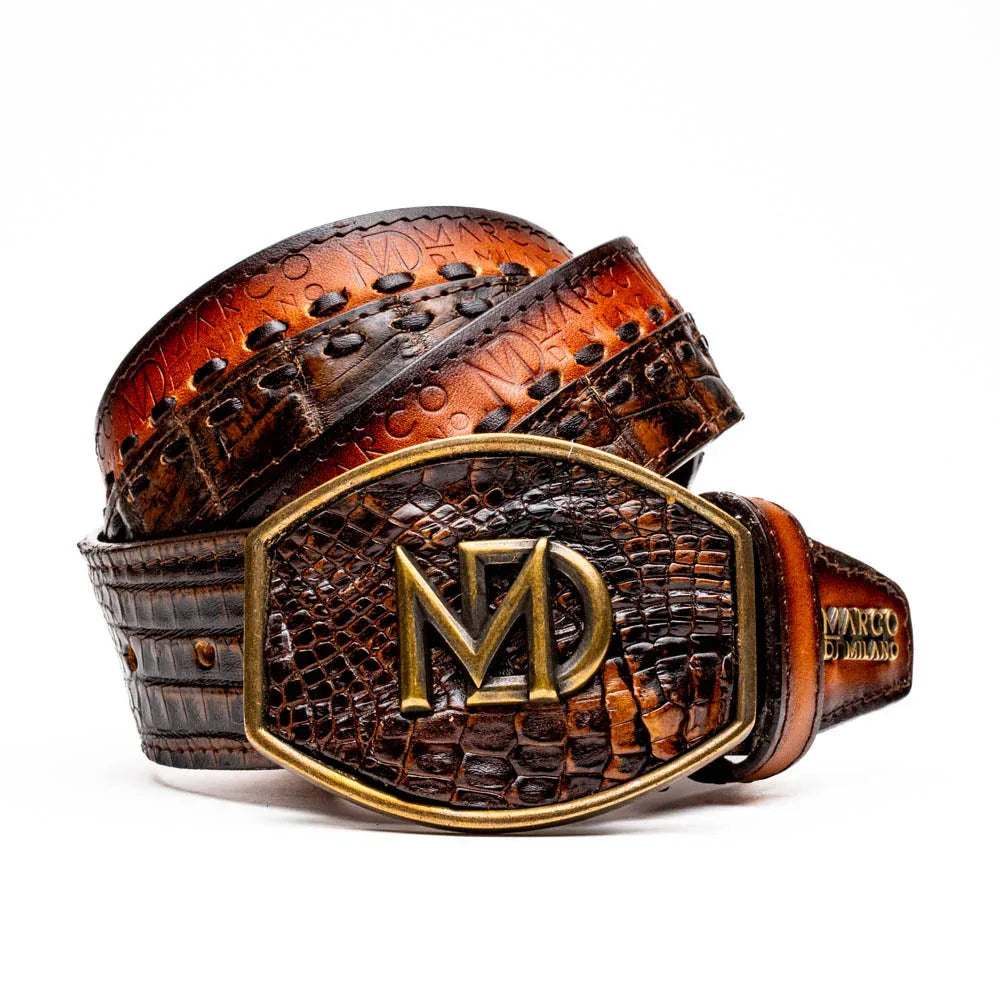 Close-up of Montana Belt in aged brown showing caiman crocodile and calfskin leather texture with hand-stitched detail.