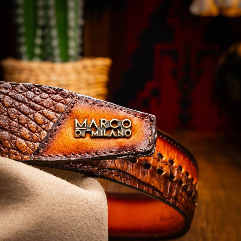 Lifestyle image of Montana belt worn with casual outfit, highlighting vintage hand-crafted design.