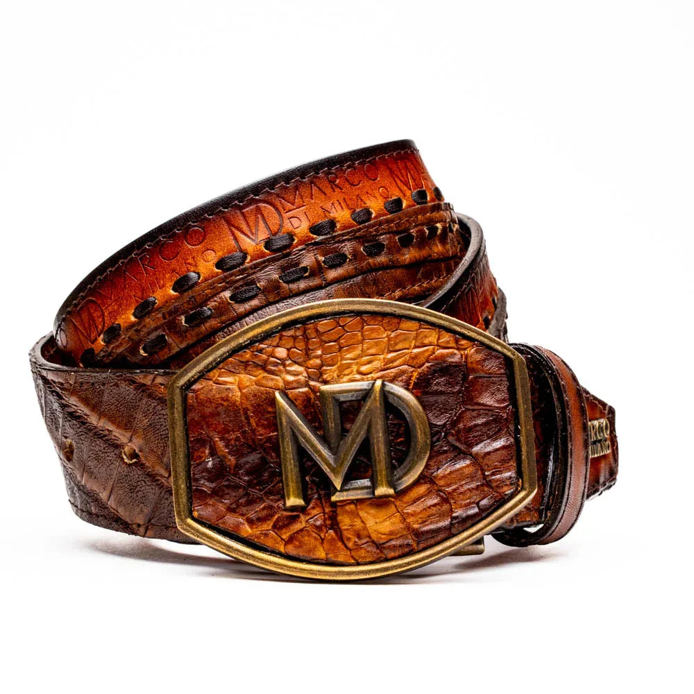 Close-up of Montana belt showing textured caiman crocodile and calf leather with hand-stitched center detail.
