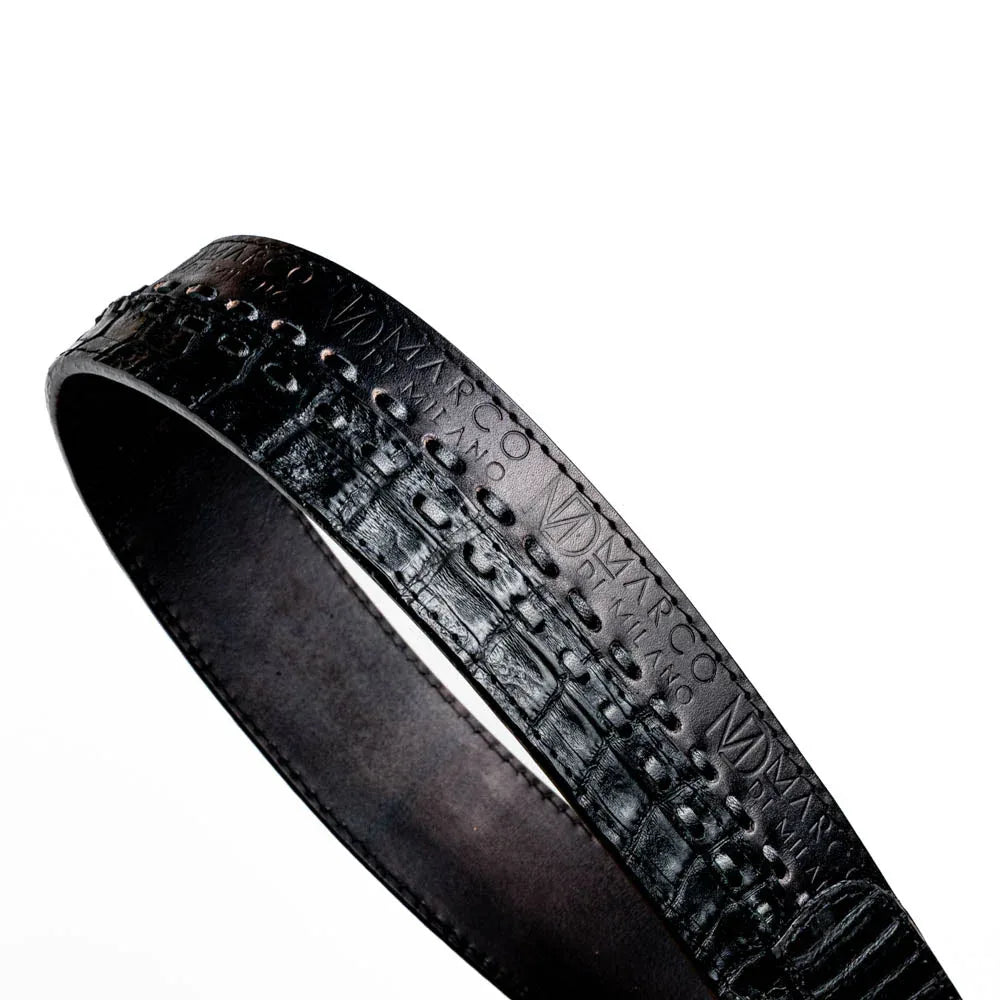 Detailed view of the Marco Di Milano brand stamped on the outer panel of the black leather belt.