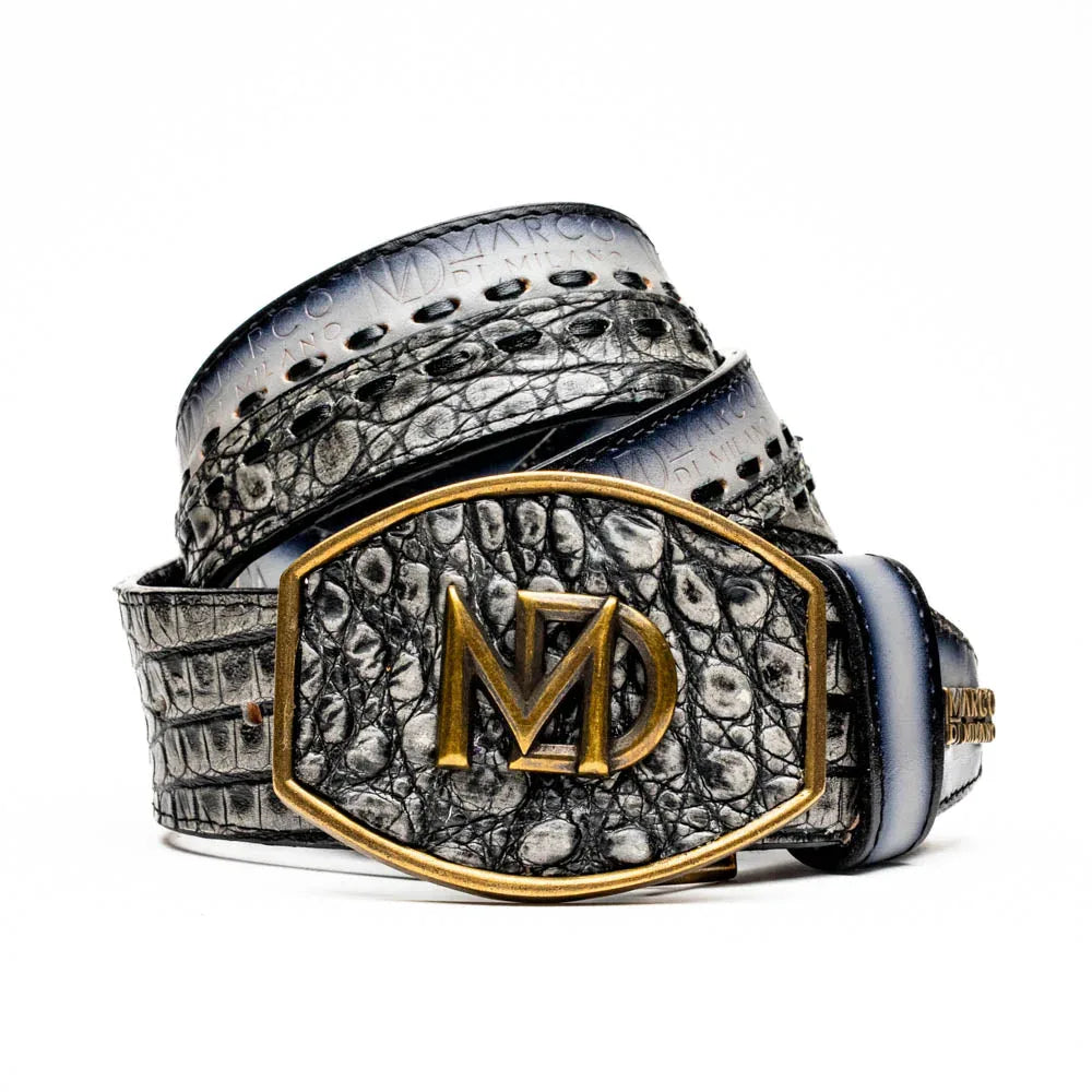 Close-up of Montana belt showing caiman crocodile and calfskin texture in stone gray with brass buckle.
