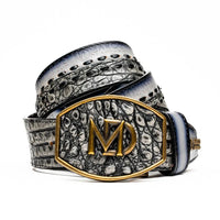 Close-up of Montana belt showing caiman crocodile and calfskin texture in stone gray with brass buckle.