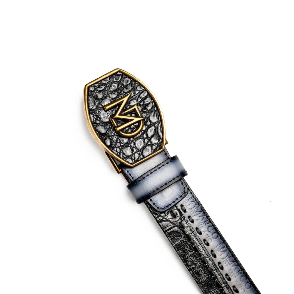 Side view of Montana belt highlighting stitched leather channel and textured grey leather panels.