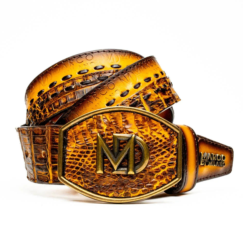 Close-up of Montana Belt in mustard brown, showing caiman crocodile skin and hand-stitched center detail.